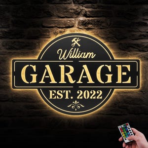 Custom Garage Metal Wall Art LED Light Personalized Workshop Name Sign Home Decor Car Mechanic Repair Decoration Repairman Man Cave Dad Gift