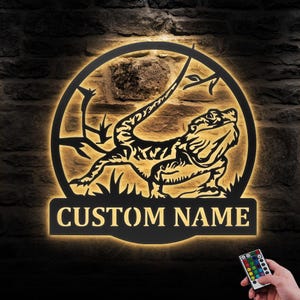 Custom Bearded Dragon Metal Wall Art LED Light Personalized Lizard Lover Name Sign Home Decor Kid Boy Girl Nursery Decoration Christmas Gift