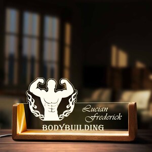 Custom Bodybuilding Workout Desk Name Plate Personalized LED Light Wooden Base Acrylic Office Accessories Wood Name Sign Decor Gift zdjęcie 1