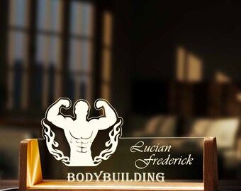 Custom Bodybuilding Workout Desk Name Plate Personalized  LED Light Wooden Base Acrylic Office Accessories Wood Name Sign Decor Gift