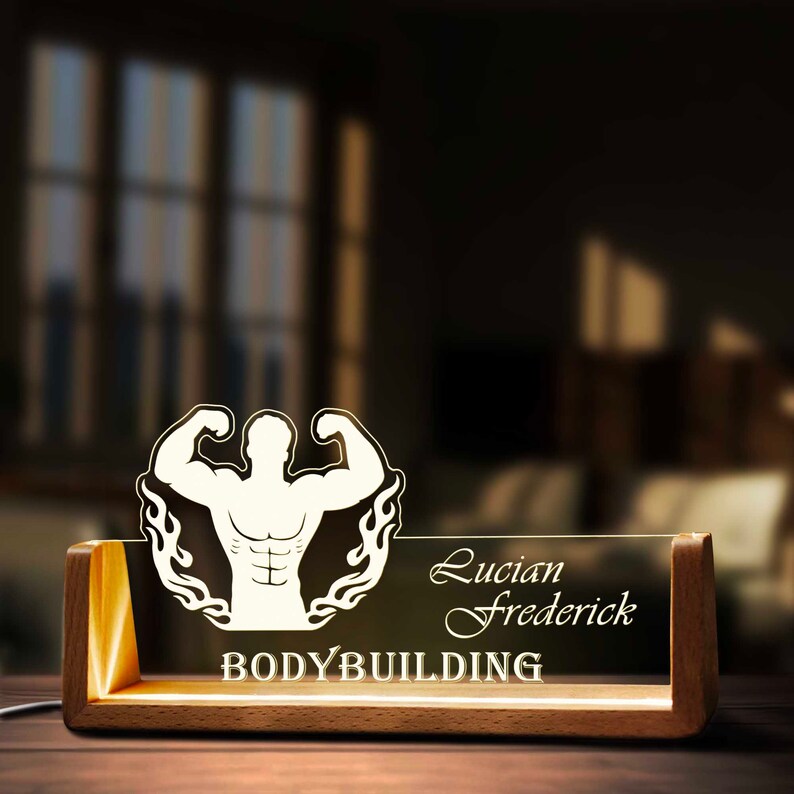 Custom Bodybuilding Workout Desk Name Plate Personalized LED Light Wooden Base Acrylic Office Accessories Wood Name Sign Decor Gift zdjęcie 1