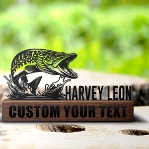 Custom Northern Pike Fish Desk Name Plate Wedge Personalized Fisher Nameplate Executive Office Sign Company Shelf Tabletop Fishing Decor