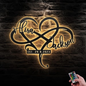 Custom Name And Date Metal Wall Art LED Light Personalized Heart And Infinity Name Sign Home Decor Wedding Love Valentine Day Decoration