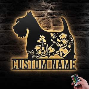 Custom FLoral Scottish Terrier Metal Wall Art LED Light Personalized WildFlower Dog Name Sign Home Decor Pet Animal Decoration Birthday Gift