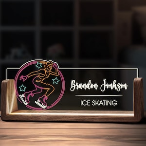 Custom Ice Skating Desk Name Plate for Women Personalized Acrylic Lamp LED Night Light Office Gift Accessories Wood Sign Table Top Decor