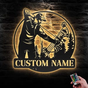 Custom Compound Bow Hunter Metal Wall Art LED Lights Personalized Bow Hunting Name Sign Home Decor Bow Arrow Decoration Man Cave Christmas