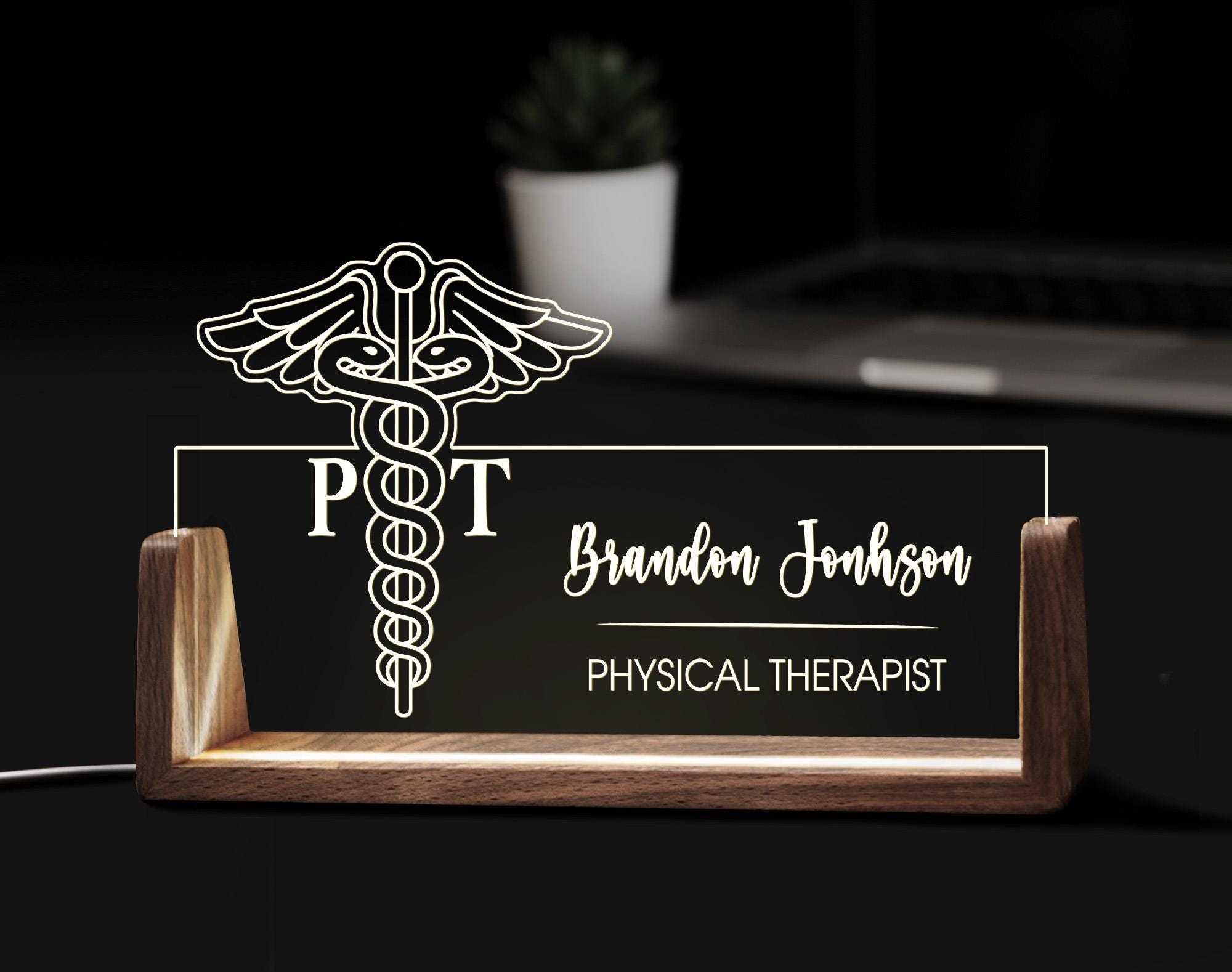 Custom Doctor of Physical Therapy Desk Name Plate Personalized Therapist Gift LED Light Wooden Base Acrylic Office Accessories Sign Decor
