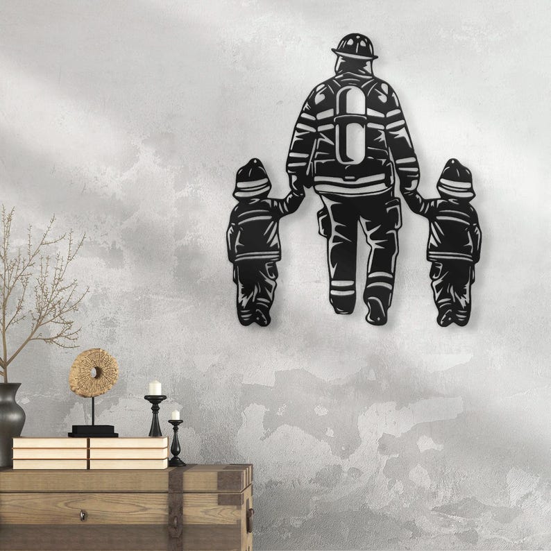 Father Son Firefighter Metal Wall Art LED Light Fireman Sign Home Decor ...