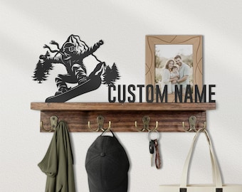 Custom Snowboard Wooden Shelf Metal Wall Art Personalized Winter Sport Snowboarding Lover Gift Entryway Organizer Home Decor Key Hook Holder