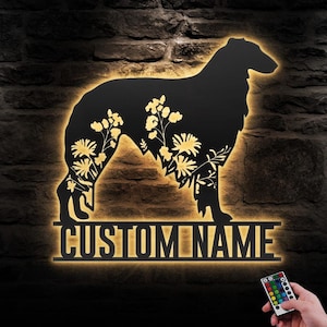 Custom FLoral Borzoi Metal Wall Art LED Light Personalized WildFlower Dog Name Sign Home Decor Pet Animal Man Cave Decoration Birthday Gift
