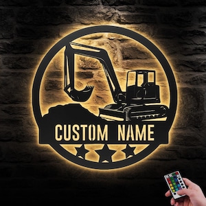 Custom Excavator Driver Metal Wall Art LED Light Personalized Heavy Equipment Name Sign Home Decor Construction Decoration Man Cave Dad Gift
