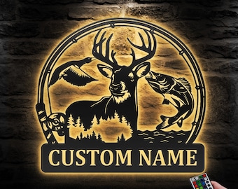 Custom Deer Duck And Bass Fishing Metal Wall Art LED Light Personalized Hunter Name Sign Home Decor Cabin Decoration Man Cave Dad Christmas