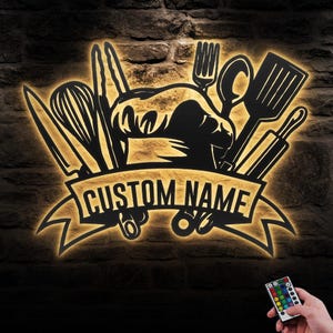 Custom Tool Chef Logo Metal Wall Art LED Light Personalized Backyard Cooking Lover Name Sign Home Decor Kitchen Decoration Housewarming