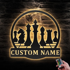 Benutzerdefinierte Schach Metall Wand Kunst LED-Licht Personalisierte Spieler Name Zeichen Wohnkultur Spiel Zone Mann Höhle Kind Kinderzimmer Dekoration Geburtstag Weihnachten