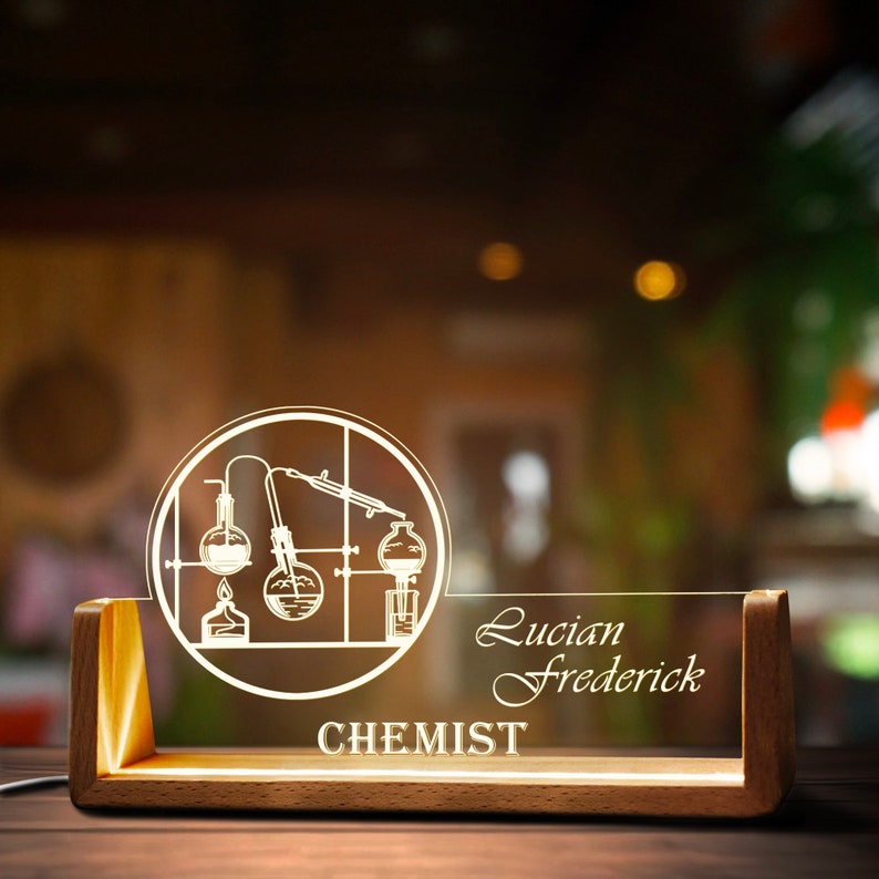 Custom Chemistry Teacher Desk Name Plate Personalized Chemistr LED Light Wooden Base Acrylic Office Accessories Wood Name Sign Decor Gift image 6