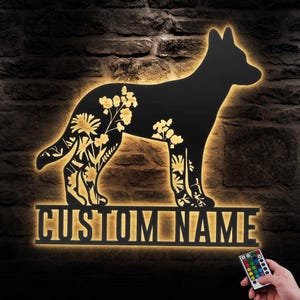 Custom FLoral Belgian Malinois Metal Wall Art LED Light Personalized WildFlower Dog Name Sign Home Decor Pet Animal Decoration Christmas