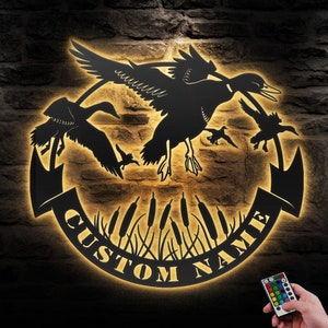 Custom Duck Hunting Metal Wall Art LED Light Personalized Hunter Name Sign Home Decor Duck Cabin Decoration Man Cave Dad Christmas Gift