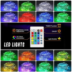 May include: LED string lights with a remote control that has 16 color options and multiple light modes. The lights are shown in various colors, including white, red, green, blue, and purple.
