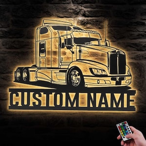 Custom Semi Truck Driver Metal Wall Art LED Light Personalized Trucker Name Sign Home Decor 18 Wheeler Decoration Big Rig Dad Christmas Gift