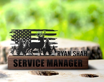 Custom Deer Hunting Desk Name Plate Wedge Personalized Hunter Nameplate Executive Office Sign Company Shelf Tabletop Antler Plaque Decor
