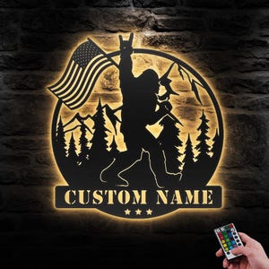 Custom Bigfoot US Flag Metal Wall Art LED Light Personalized Sasquatch Name Sign Home Decor Big Foot Man Cave Decoration Birthday Christmas
