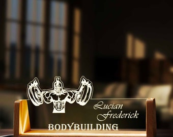 Custom Bodybuilding Workout Desk Name Plate Personalized  LED Light Wooden Base Acrylic Office Accessories Wood Name Sign Decor Gift