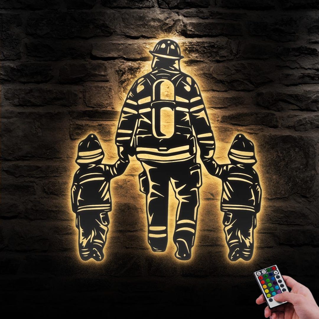 Father Son Firefighter Metal Wall Art LED Light Fireman Sign Home Decor ...