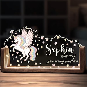 Benutzerdefinierte niedliche Einhorn Nachtlicht personalisierte Name Acryl Holz Lampe Led Mädchen Kleinkind Kinder Schlafzimmer Kinderzimmer Dekor Babyparty Geburtstagsgeschenk