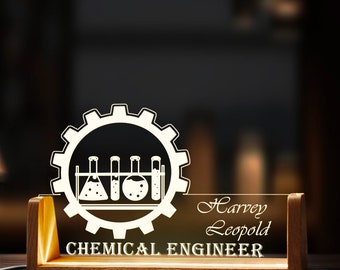 Custom Chemical Engineer Desk Name Plate Personalized Engineering LED Light Wooden Base Office Acrylic Accessories Wood Name Sign Decor Gift