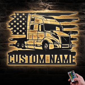 Custom US Semi Truck Driver Metal Wall Art LED Light Personalized Trucker Name Sign Home Decor 18 Wheeler Decoration Big Rig Dad Christmas