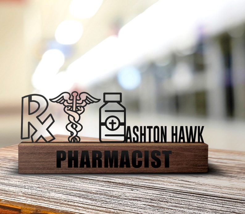 Custom Pharmacy Desk Name Plate Wedge Personalized Pharmacist Nameplate Office Sign Company Shelf Tabletop Plaque Drugstore Decor Gifts image 2