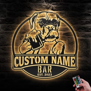 Custom Boxer Dog Thirsty Beer Pub Metal Wall Art LED Light Personalized Beer Bar Name Sign Home Decor Dog Beer Man Cave Decoration Christmas
