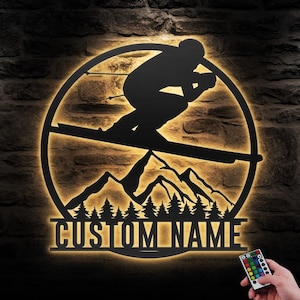 Custom Snow Downhill skiing Winter Sport Metal Wall Art LED Light Personalized Alpine Skiing Name Sign Home Decor Skier Man Cave Decoration