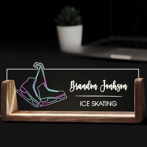 Custom Ice Skating Desk Name Plate Personalized Skate Lovers Gift Acrylic Lamp LED Night Light Office Accessories Wood Sign Table Top Decor
