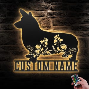Custom FLoral Pembroke Welsh Corgi Metal Wall Art LED Light Personalized WildFlower Dog Name Sign Home Decor Pet Animal Decoration Birthday