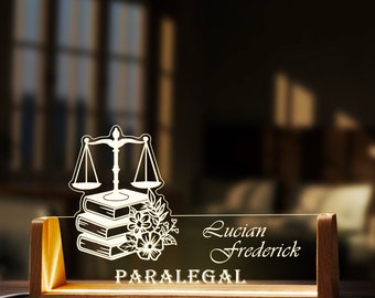 Benutzerdefiniertes Paralegal-Schreibtisch-Namensschild, personalisiertes Anwaltskanzlei-Mitarbeiter-LED-Licht, Holzsockel, Acryl, Bürozubehör, Holz-Namensschild, Dekor, Geschenk