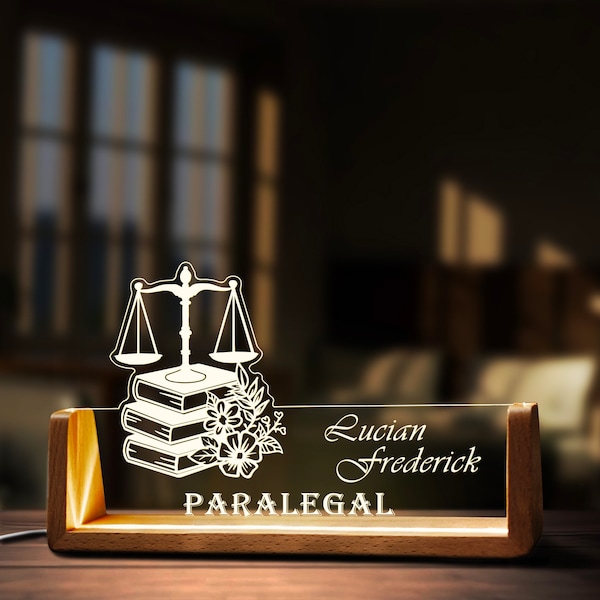 Custom Paralegal Desk Name Plate Personalized Law Office Employee LED Light Wooden Base Acrylic Office Accessories Wood Name Sign Decor Gift