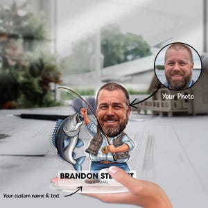 Custom Fisherman Figurine Trinket Caricature Portrait Desk Name Plate Personalized Acrylic Fishing Standee Gift for Him,  Outdoor Lovers