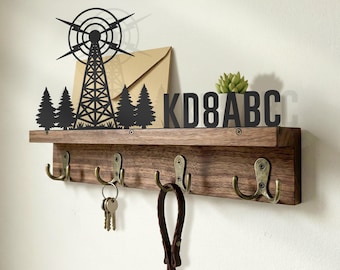Custom Call Sign Ham Radio Wooden Shelf Metal Wall Art, Personalized Amateur Radio Lover Gift, Entryway Organizer Home Decor Key Hook Holder