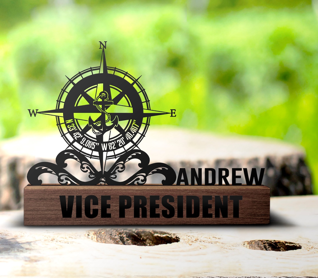 Custom GPS Anchor Compass Desk Name Plate Wedge Personalized ...