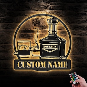 Benutzerdefinierte Bourbon Zigarre Metall Wandkunst LED Licht Personalisierte Whisky Rauch Namensschild Haus Bar Pub Dekor Cocktaildekoration Mann Höhle Weihnachten