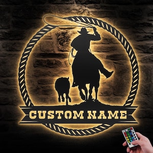 Custom Cowboy Cattle Roping Metal Wall Art LED Light Personalized Tie Down Roper Name Sign Home Decor Calf Roper Decoration Team bull Rodeo