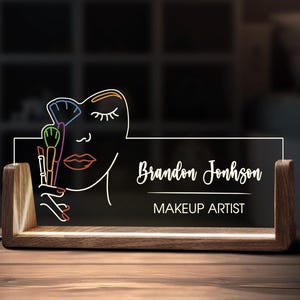 Custom Makeup Artist Desk Name Plate Personalized Beautician Cosmetologist Gift LED Light Wooden Acrylic Office Accessories Tabletop Decor