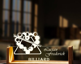 Custom Billiard Desk Name Plate Personalized Snooker Player LED Light Wooden Base Acrylic  Office Accessories Wood Name Sign Decor Gift