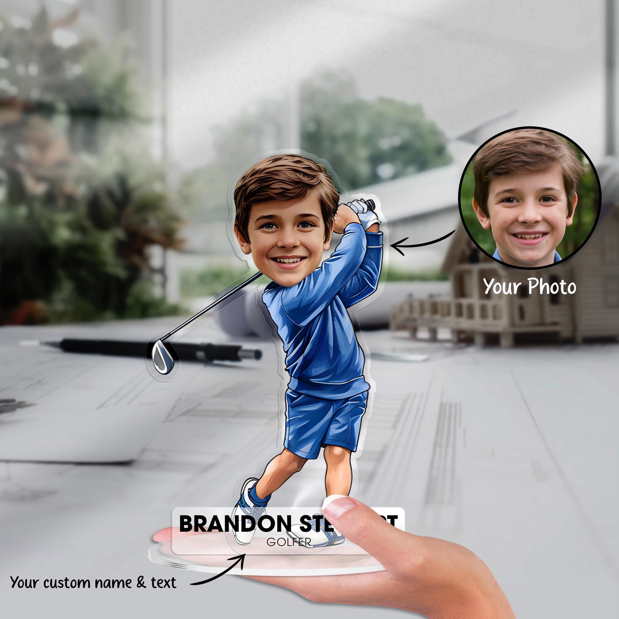 Custom Golfer Figurine Trinket Caricature Portrait Desk Name Plate Personalized 3D Acrylic Cartoon Sport Gift for Golf Lovers