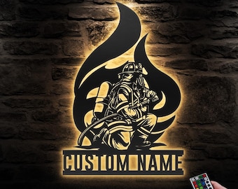 Custom Firefighter Metal Wall Art LED Light Personalized Fireman Name Sign Home Decor Fire Department Decoration Man Cave Christmas Birthday