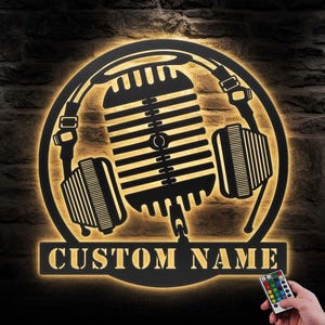 Custom Music Audio Studio Metal Wall Art LED Light Personalized Microphone Headphones Name Sign Home Decor Musical Musician Room Decoration