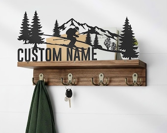 Custom Skiing Wooden Floating Shelf Metal Wall Art Personalized Winter Sport Lover Skier Gift Entryway Organizer Home Decor Key Hook Holder