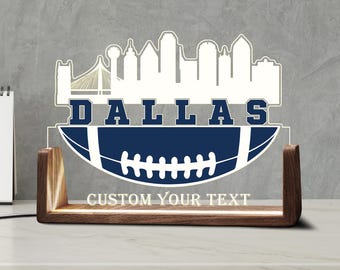 Custom Dallas Skyline Desk Name Plate Personalized American Football Gift LED Light Wooden Base Acrylic Office Accessories Wood Sign Decor