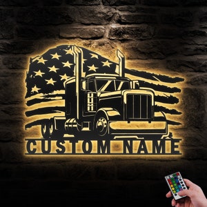 Custom US Semi Truck Driver Metal Wall Art LED Light Personalized Trucker Name Sign Home Decor 18 Wheeler Decoration Big Rig Dad Christmas